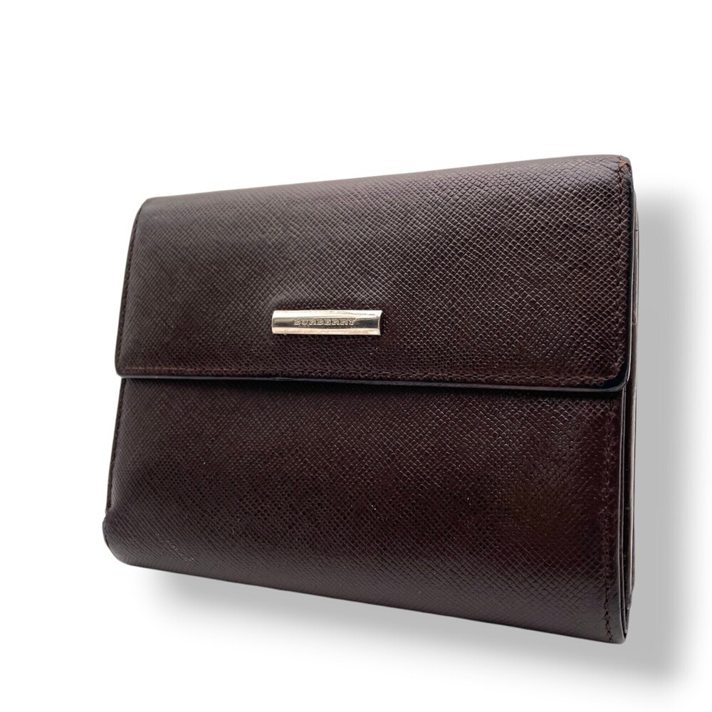 BURBERRY Bi-fold Wallet, Compact Dark Brown Embossed Leather, Silver Hardware...